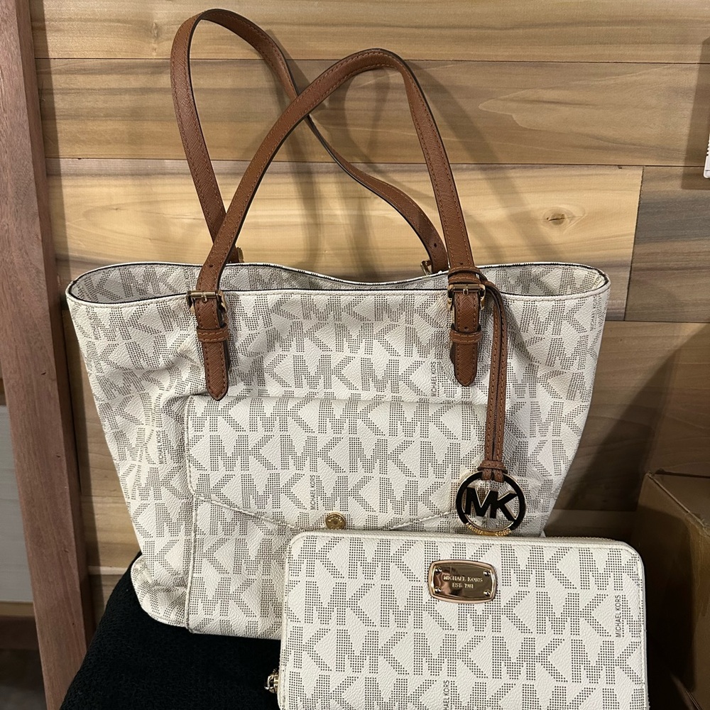 Michael Kors Monogram Cream and Tan Tote